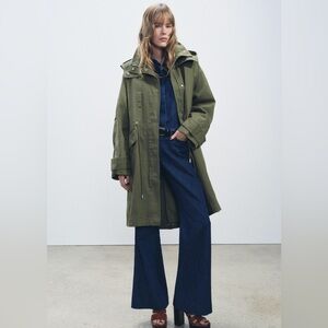 ZARA Khaki Green Cotton Hooded Jacket Utility Snap Buttons Lined Women S New